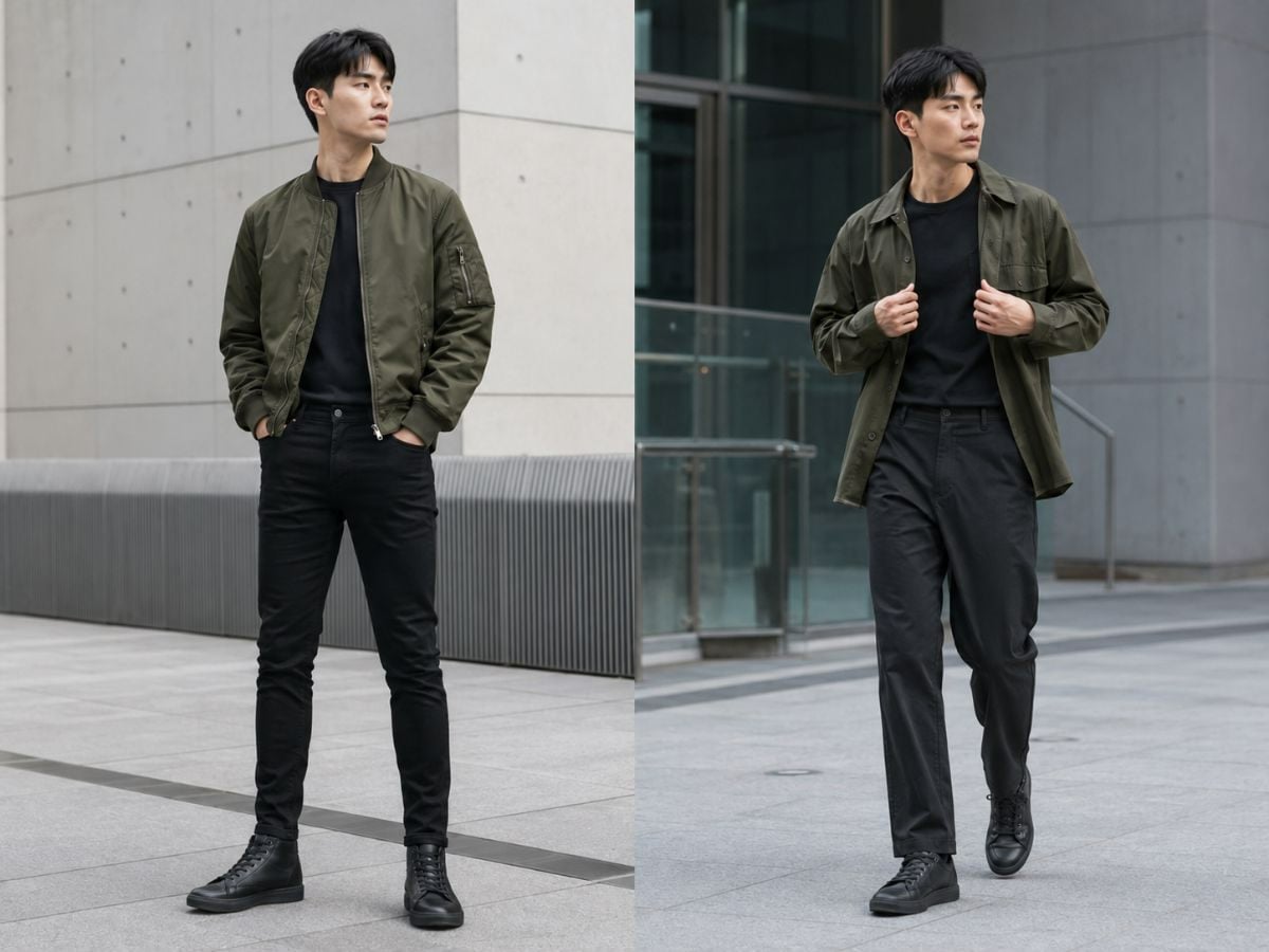 Áo khoác xanh olive phối cùng nền đen
