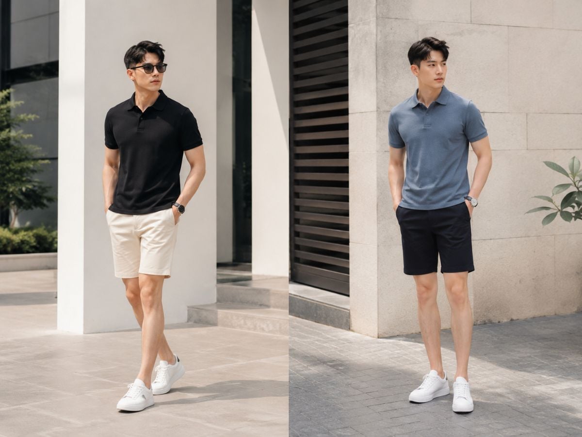 Áo polo và quần short trên gối giúp tổng thể chỉn chu, cao ráo hơn