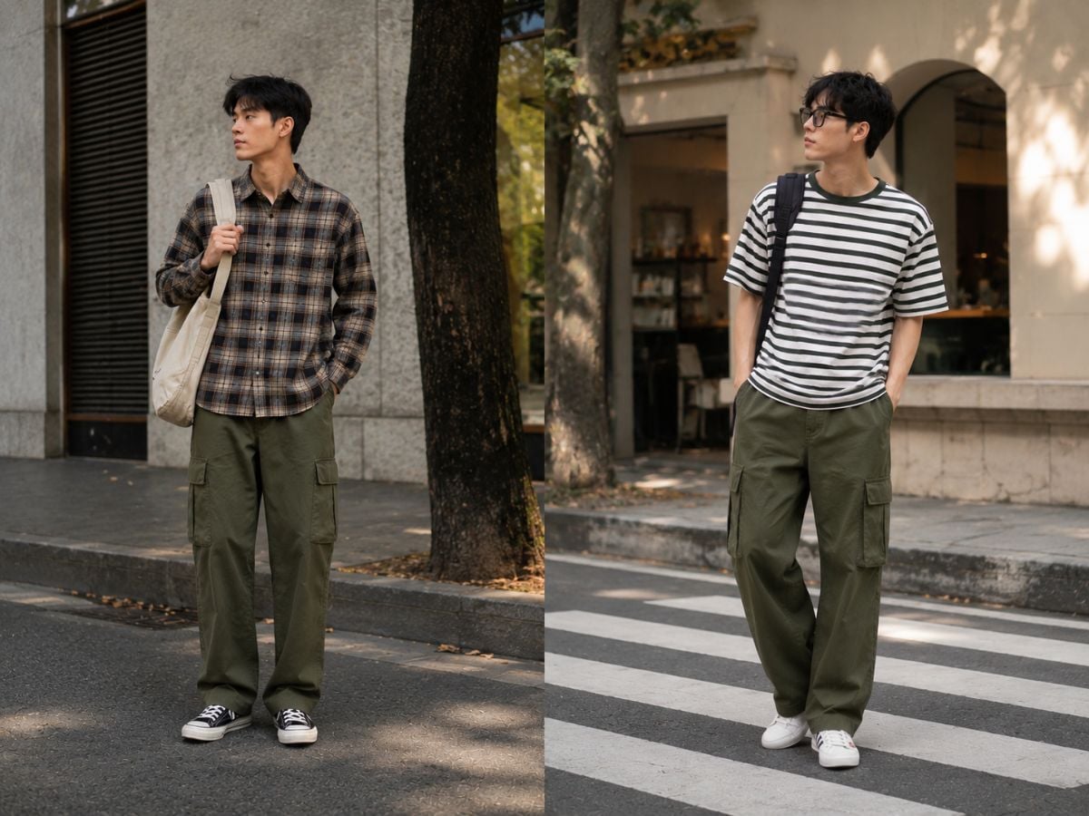 Áo sọc hoặc caro phối cùng quần xanh rêu trơn giúp outfit có điểm nhấn vừa đủ
