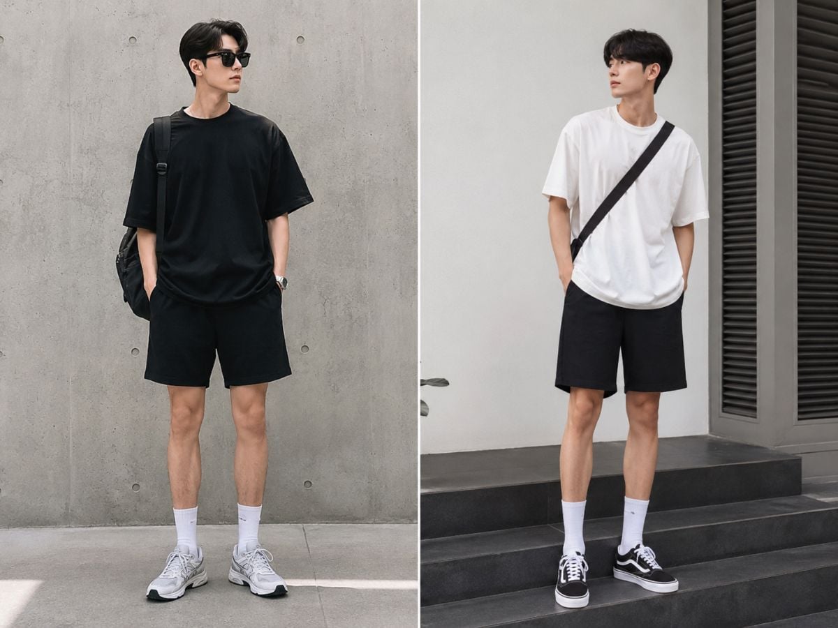 Áo thun boxy phối quần short đen mang tinh thần tối giản, hiện đại