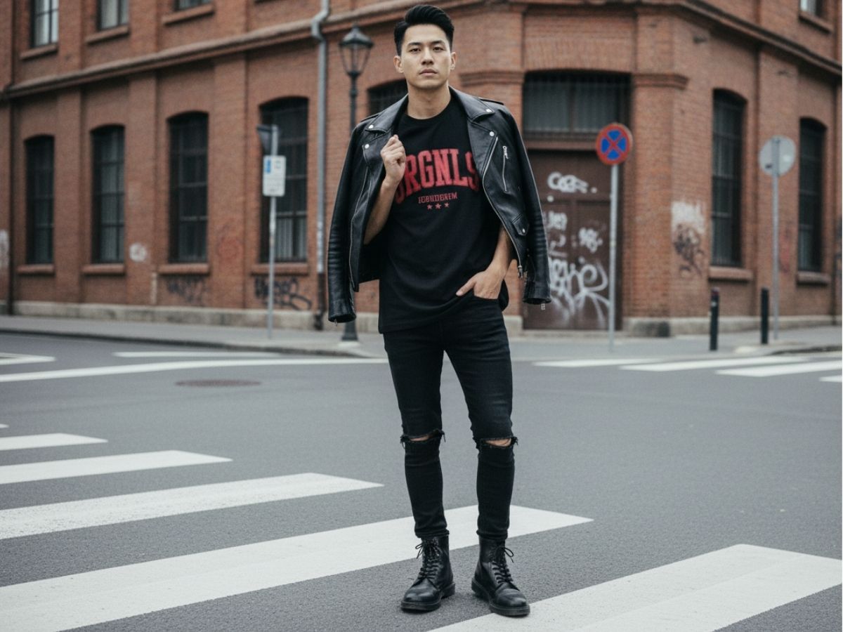 Nam tính với sao thun đen và quần jeans rách
