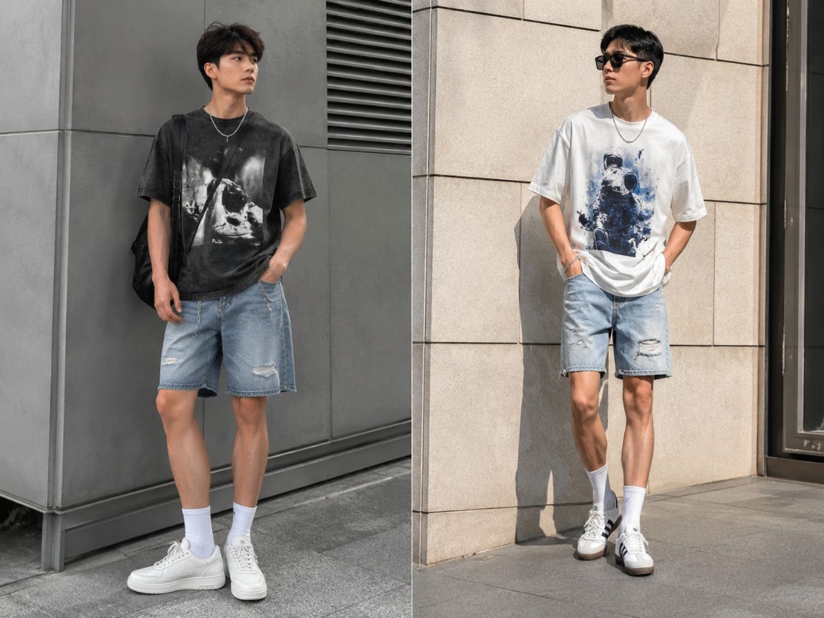 Áo thun graphic và short jeans wash giúp outfit nổi bật, cá tính