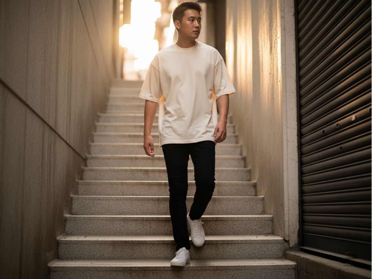 Mix áo thun oversized và quần jeans slim-fit