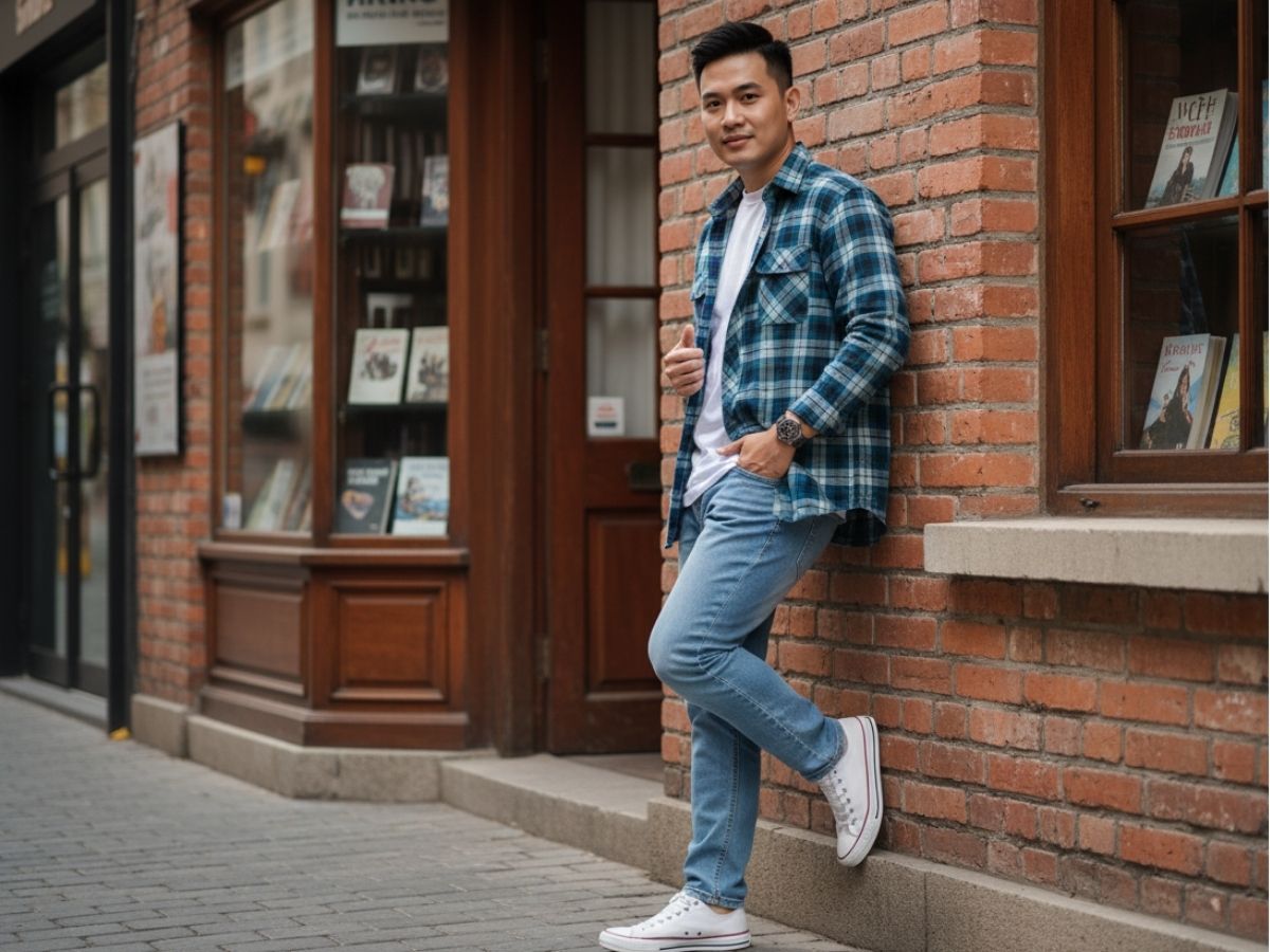 Áo thun trơn phối áo sơ mi khoác ngoài