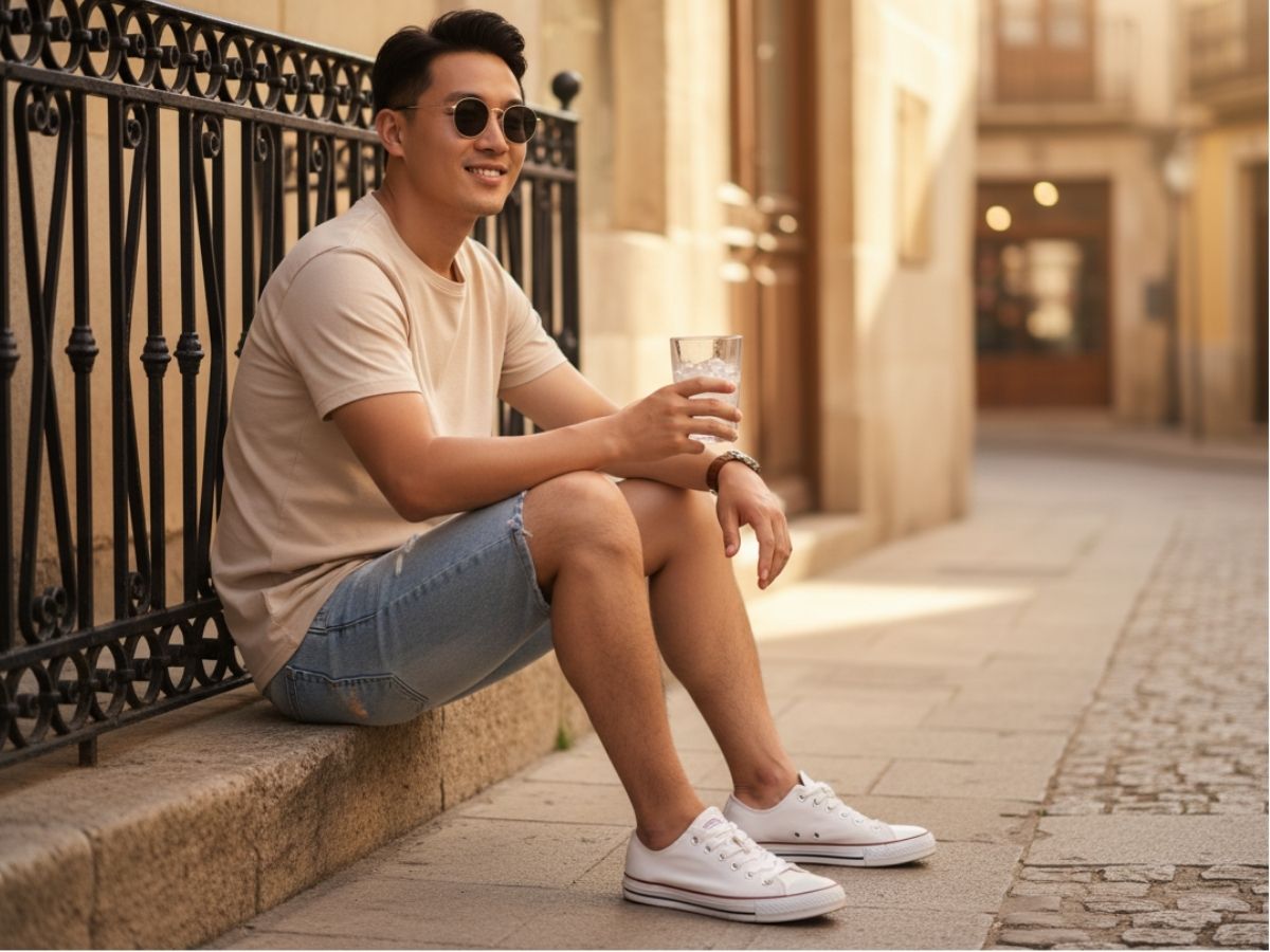 Áo thun tay ngắn phối quần short jeans