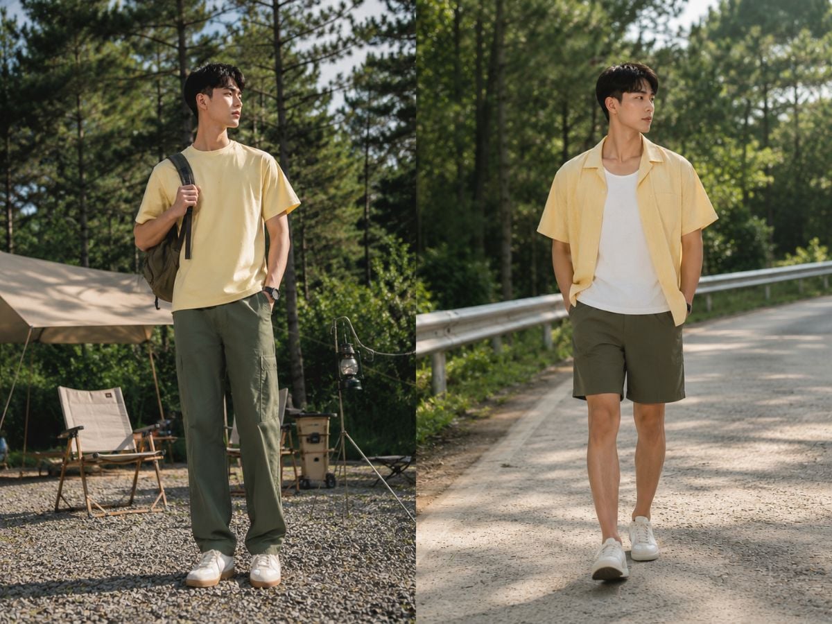 Áo vàng nhạt phối quần xanh rêu tạo độ tương phản vừa phải cho outfit cuối tuần