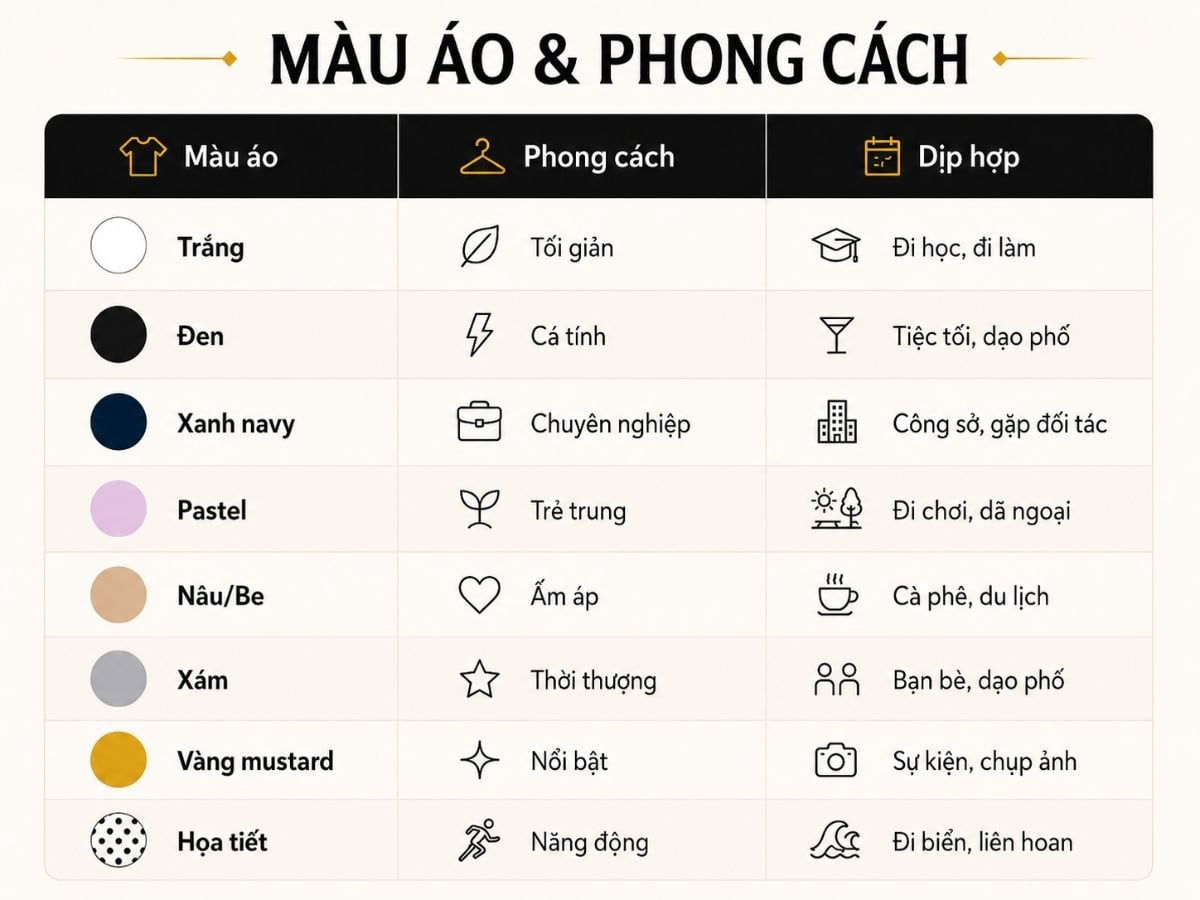 Bảng gợi ý phối màu áo với quần xám theo phong cách và hoàn cảnh sử dụng