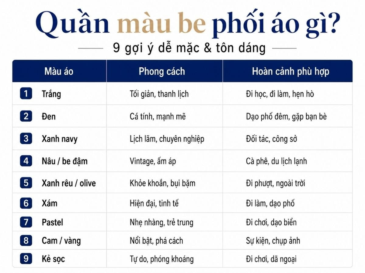 Bảng gợi ý nhanh các màu áo và hoàn cảnh phù hợp khi phối cùng quần be