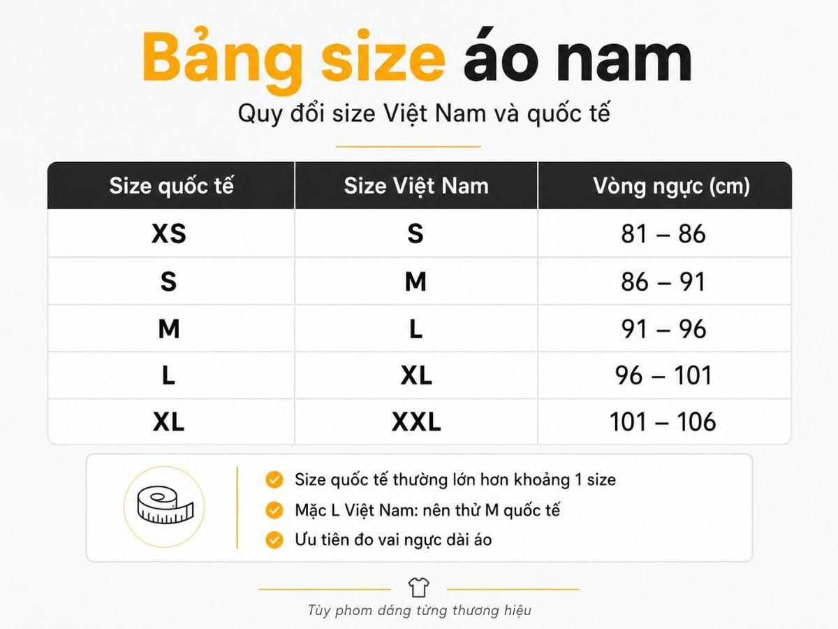 Bảng size áo nam theo số đo quốc tế