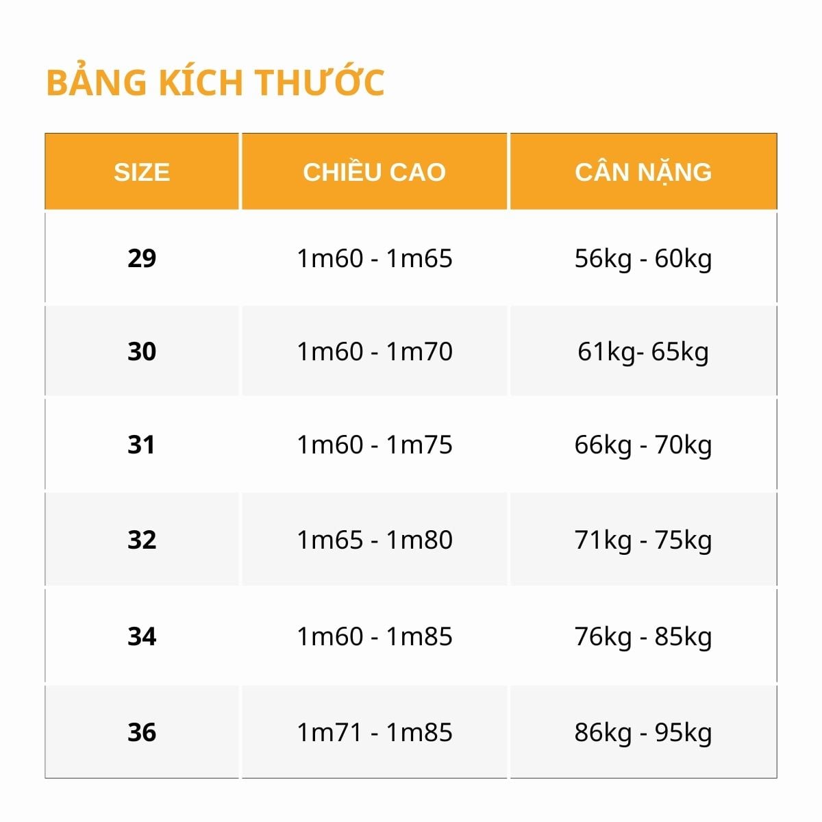 Bảng size quần kaki nam theo cân nặng, chiều cao