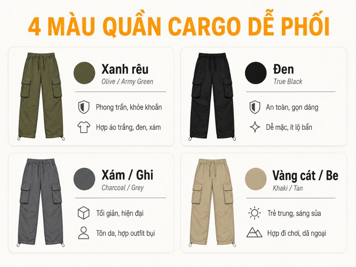 Các gam màu quần cargo phổ biến