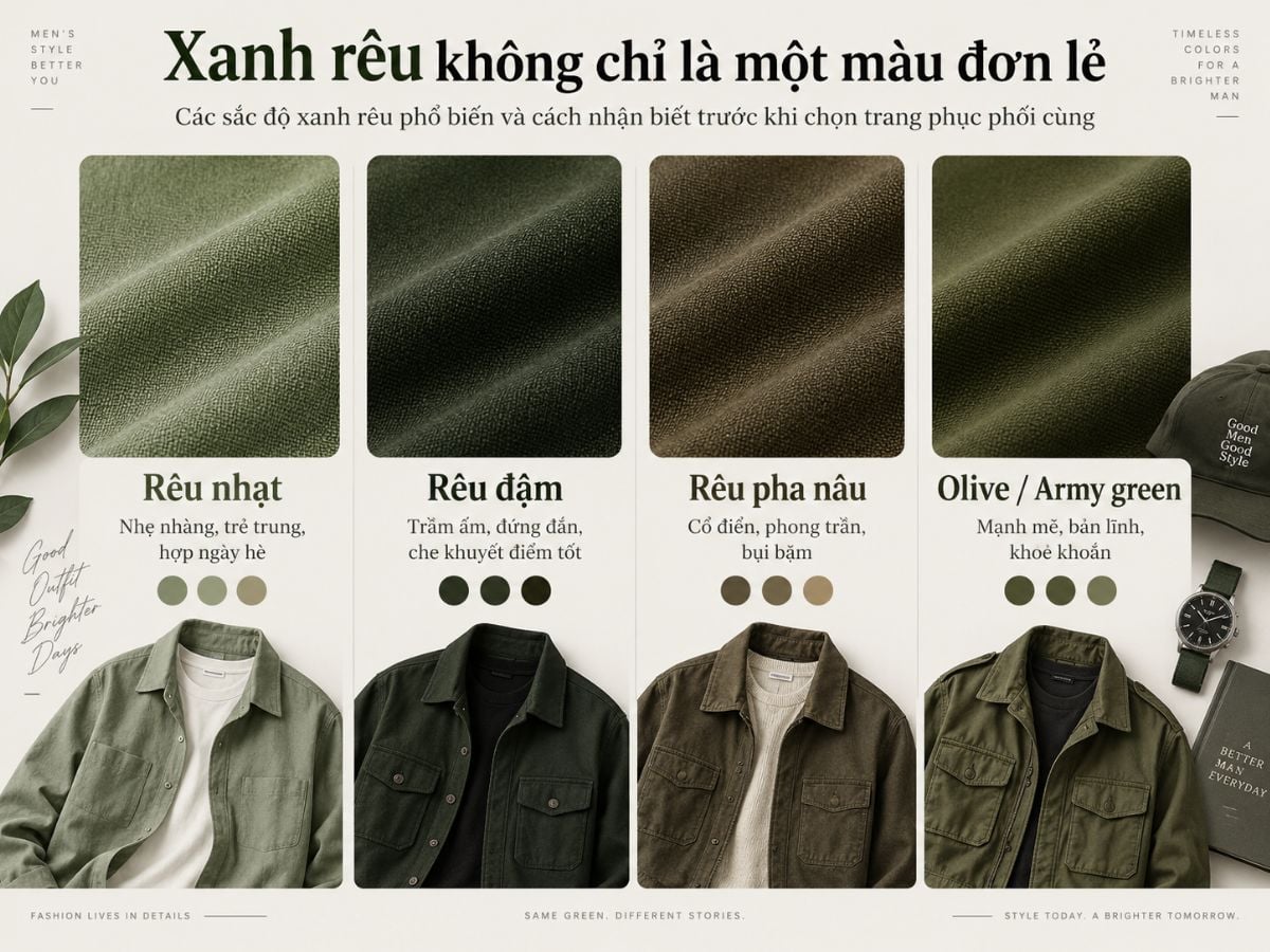 Các sắc độ xanh rêu phổ biến và cách nhận biết trước khi chọn trang phục phối cùng