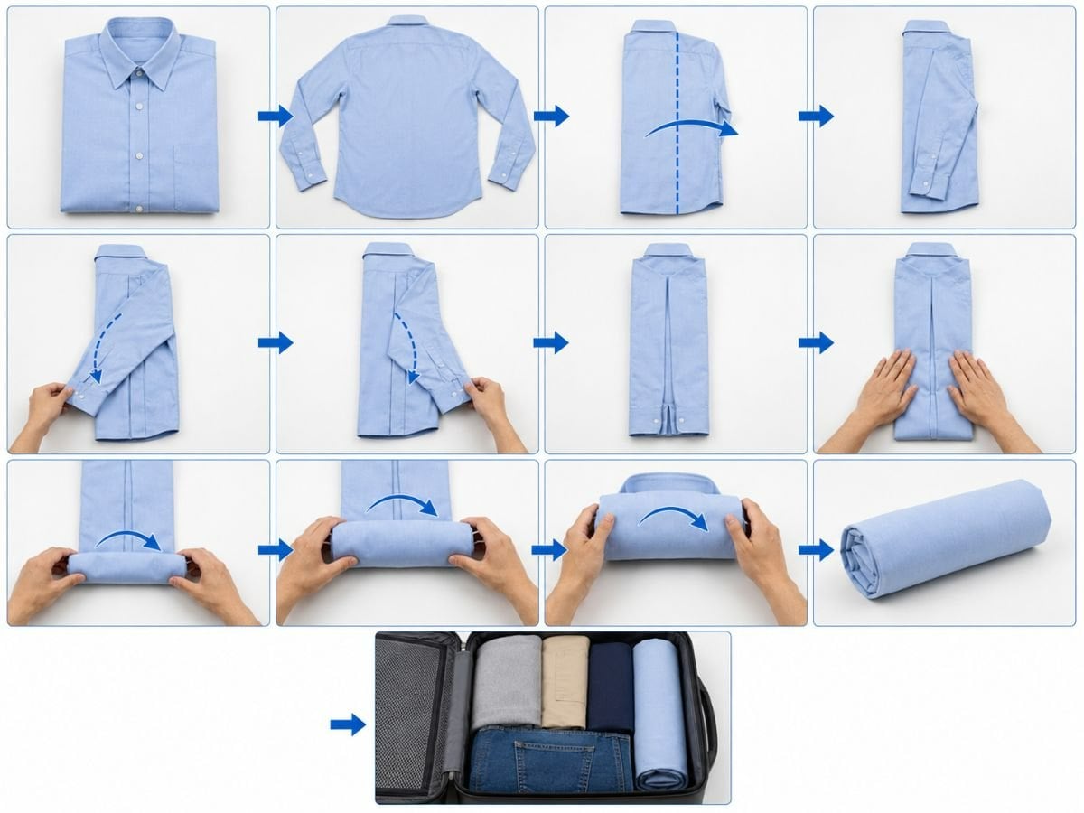 Cách cuộn áo sơ mi giúp tiết kiệm diện tích hành lý