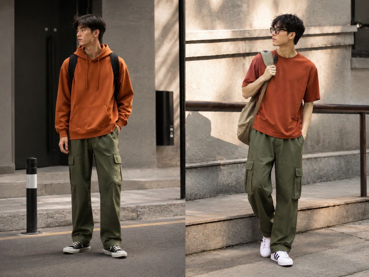 Cam đất và xanh rêu kết hợp theo bảng màu earthy phù hợp phong cách đường phố