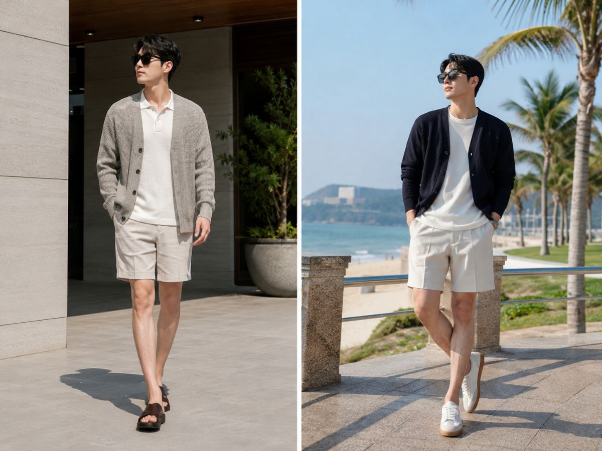 Cardigan nhẹ cùng quần short linen mang cảm giác lãng tử, có gu