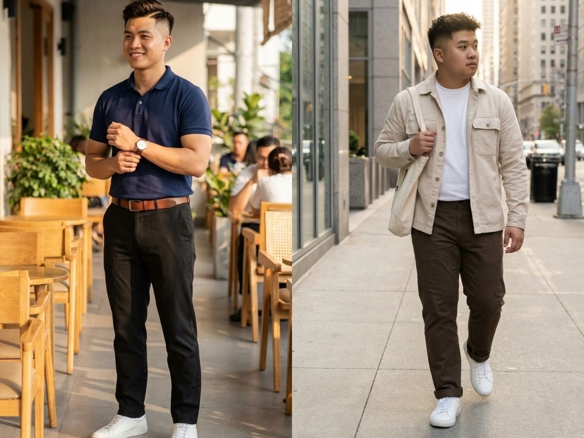 Che khuyết điểm đôi chân cho nam đầy đặn với kaki ống đứng