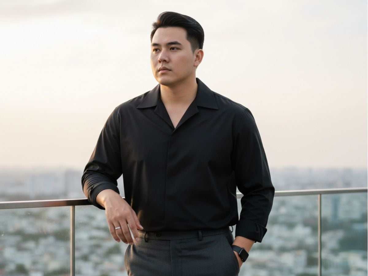  Chọn áo sơ mi đen form regular cho nam thân hình cao lớn