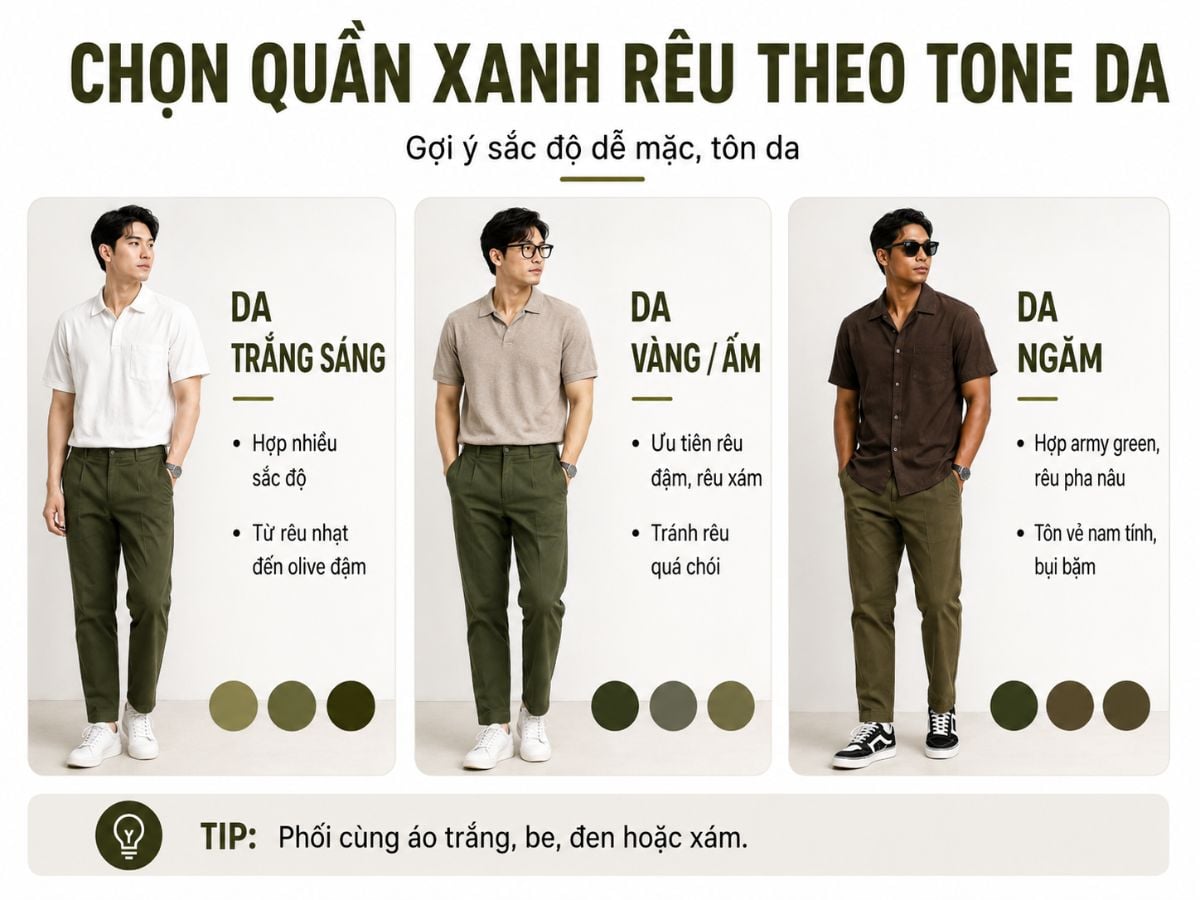 Chọn sắc quần xanh rêu phù hợp với da sáng, da ấm và da ngăm