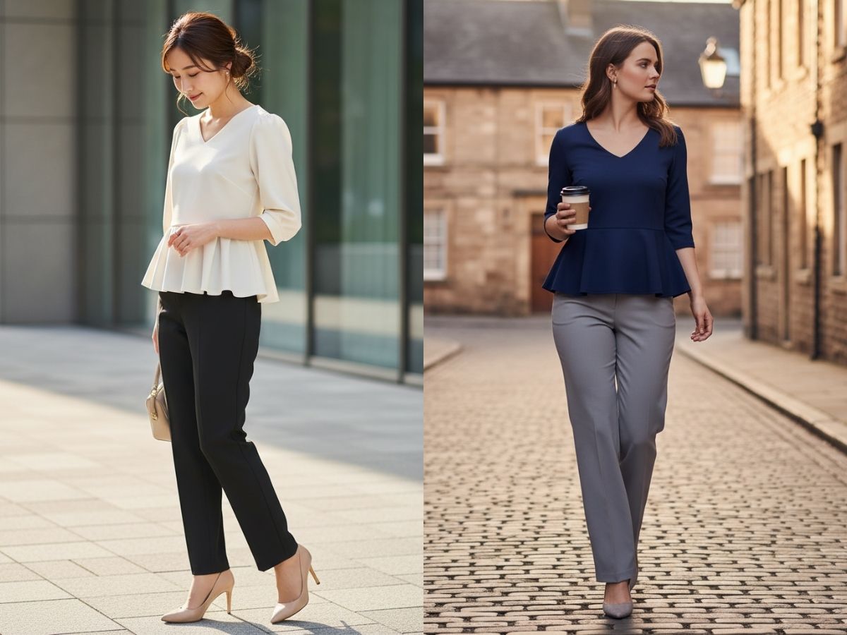 Công thức phối đồ nữ béo bụng với áo peplum cổ V và quần tây