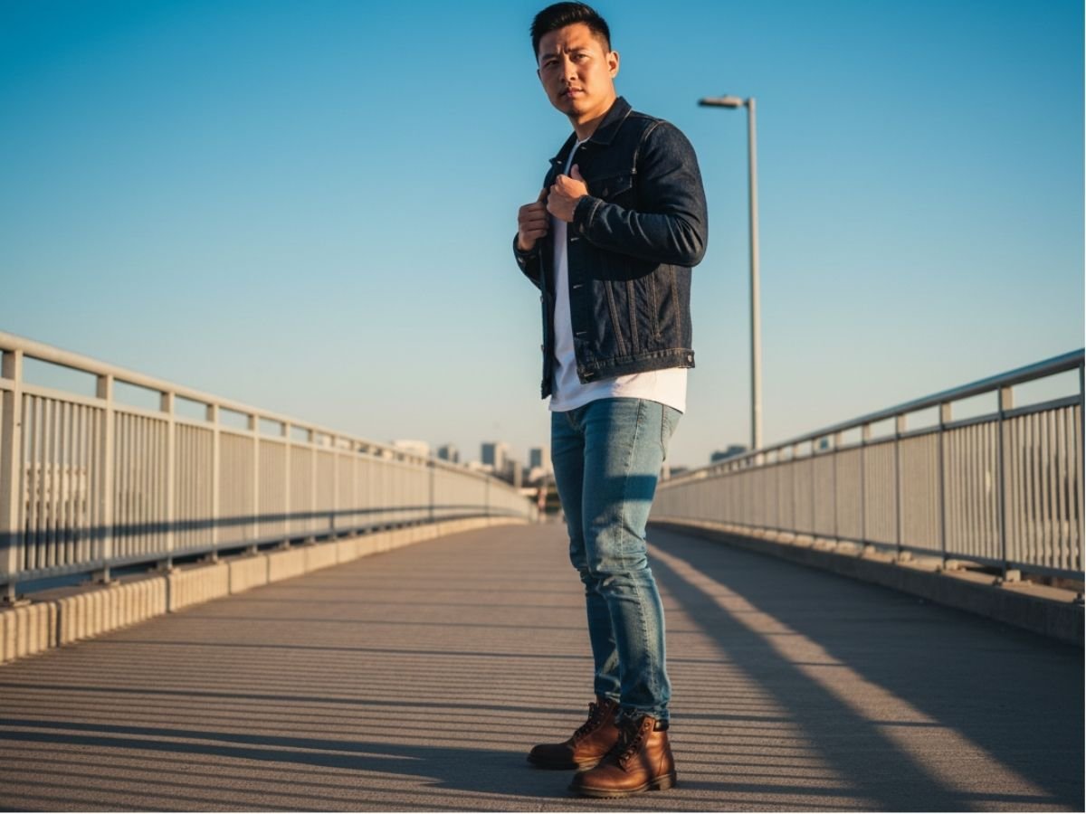 Denim on denim với áo khoác denim và quần jeans