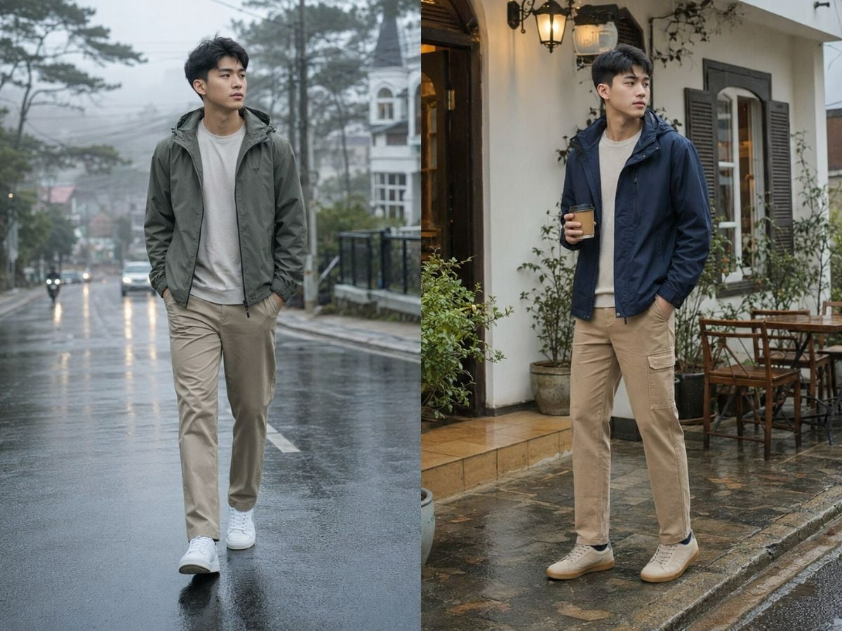 Đồ đi Đà Lạt mùa mưa với áo khoác gió và quần kaki