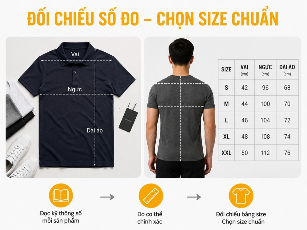 Đọc thông số vai, ngực và dài áo trước khi chọn size