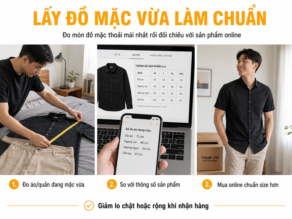 Dùng trang phục đang mặc vừa làm mốc đối chiếu khi mua online