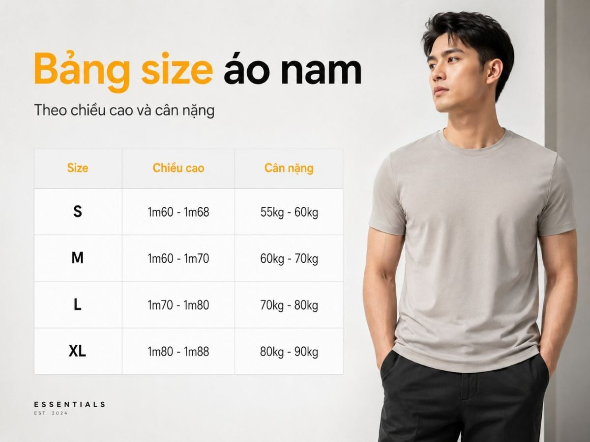 Bảng size áo nam theo cân nặng, chiều cao