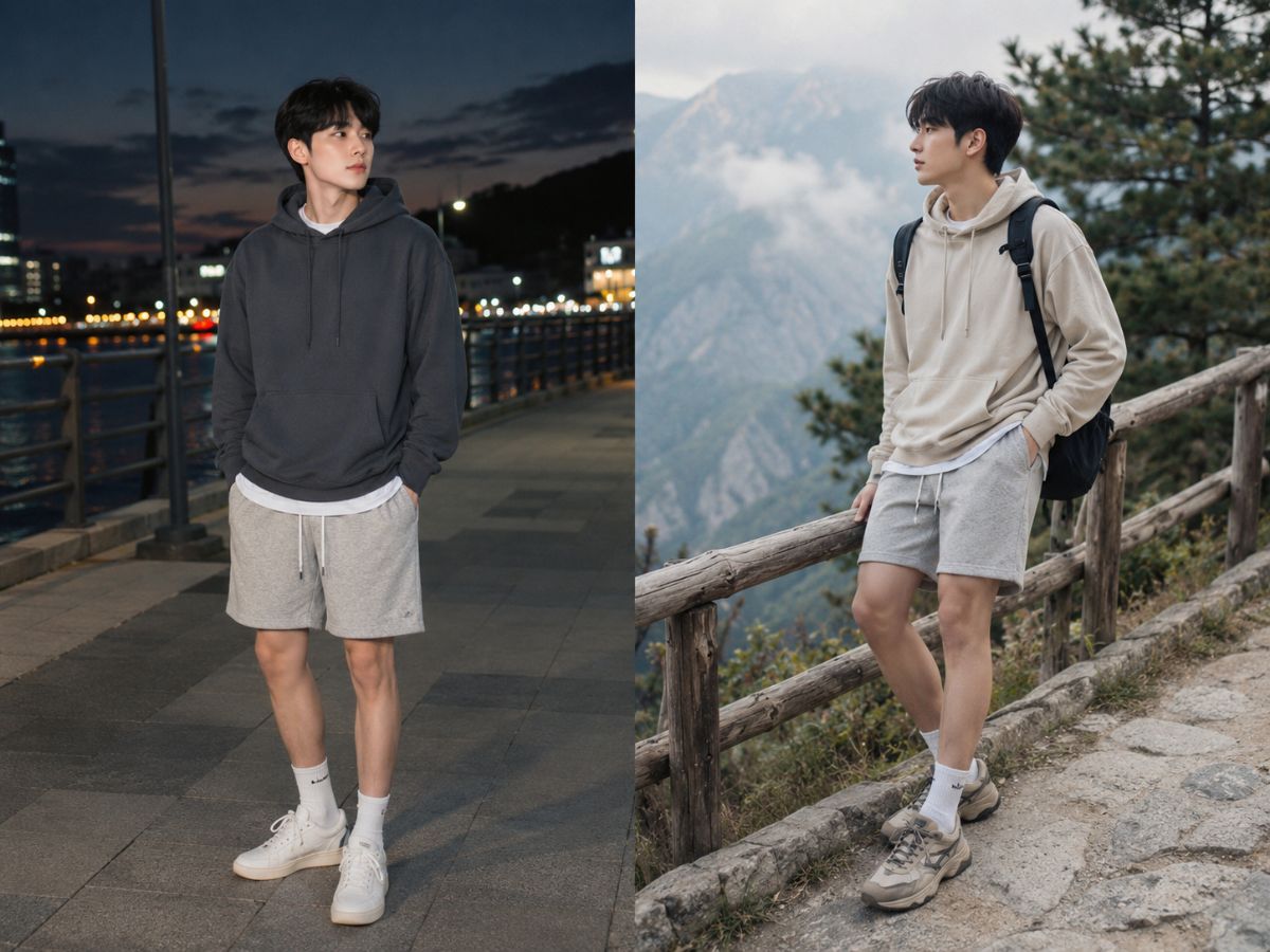 Hoodie mỏng cùng quần short nỉ phù hợp những buổi tối se lạnh