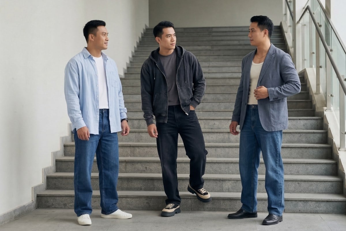 Jeans ống rộng phom dáng chuẩn nam giới Việt