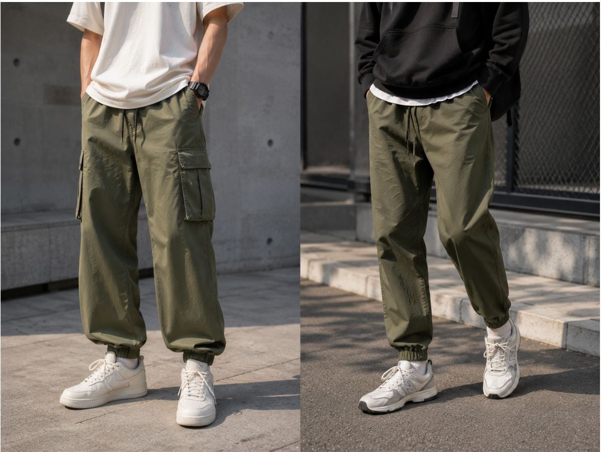 Jogger hoặc cargo xanh rêu phối áo rộng tạo outfit thể thao đường phố linh hoạt