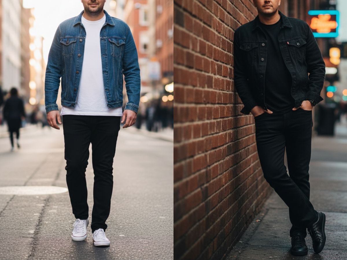 Layer với áo khoác denim cho nam bụng to
