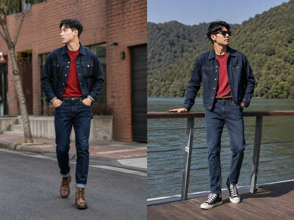 Màu đỏ phối với xanh navy hoặc denim