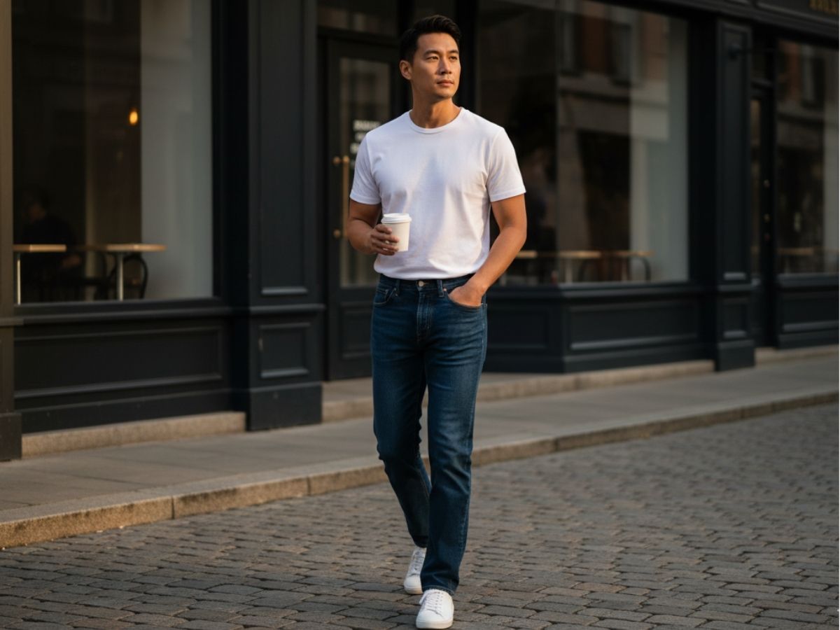Phối áo thun trắng và quần jeans xanh thanh lịch