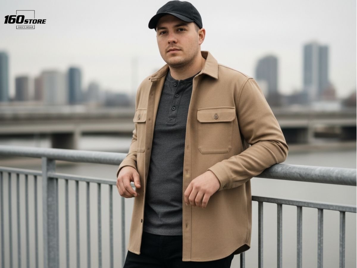 Phong cách casual cho nam béo bụng với áo henley quần jeans và áo khoác kaki