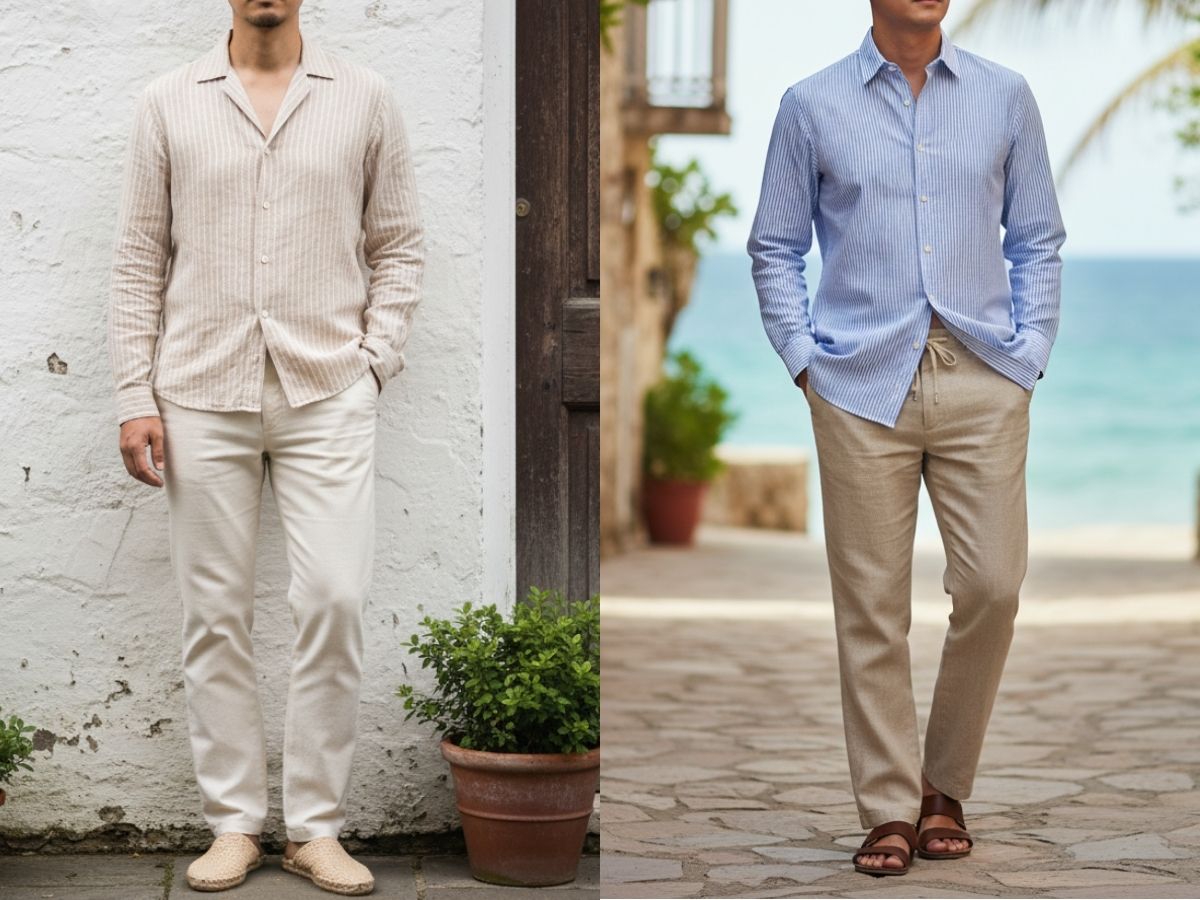 Nam béo bụng phối áo sơ mi sọc dọc và quần linen