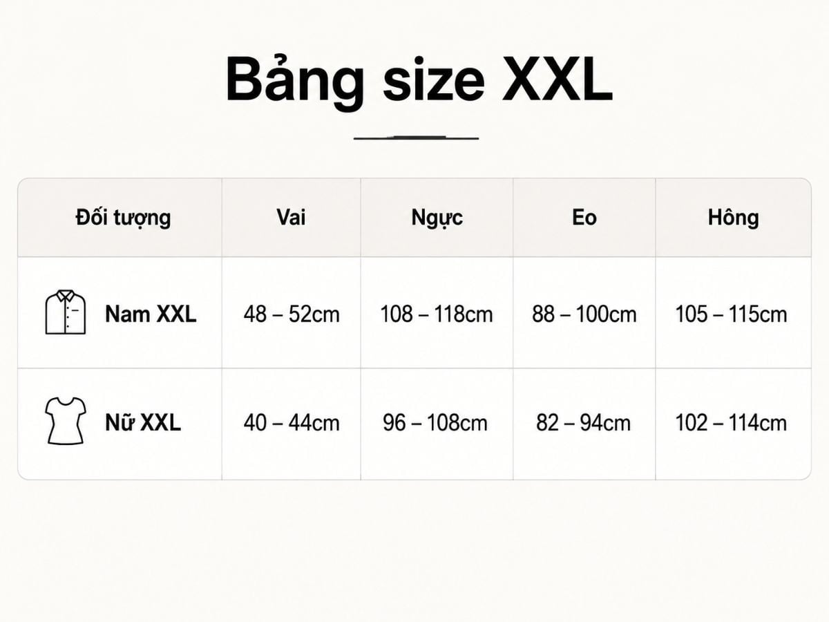 Bảng quy đổi size XXL theo số đo cơ thể