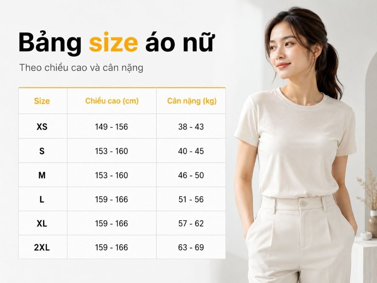 Bảng size áo nữ theo cân nặng, chiều cao