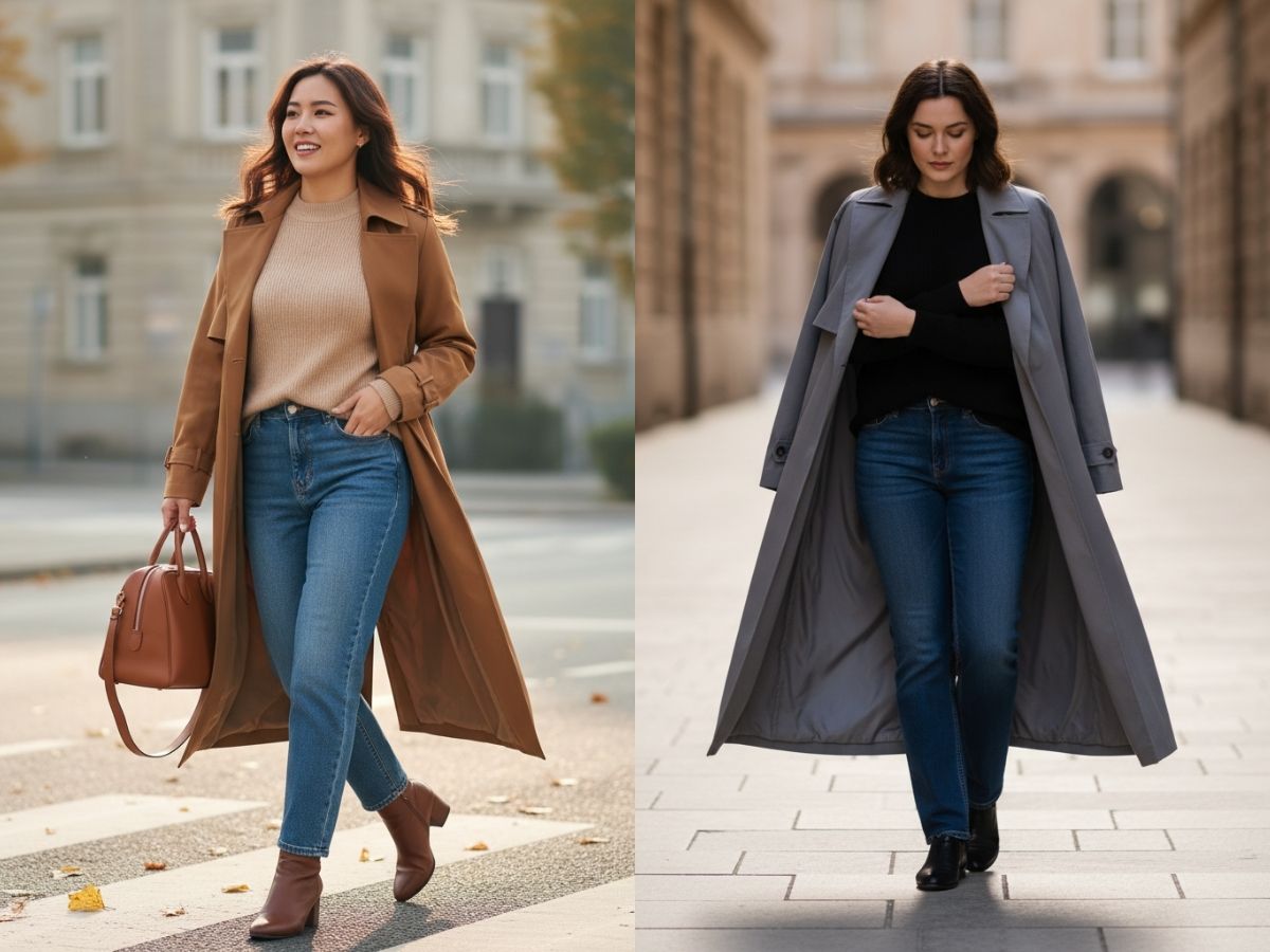 Nữ béo bụng mặc áo len, quần jeans ống đứng  và trench coat