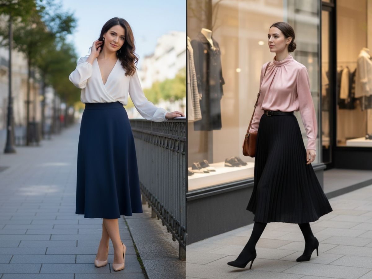 Nữ béo bụng phối đồ áo blouse trơn và chân váy midi