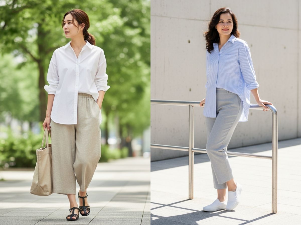 Nữ béo bụng phối đồ với áo sơ mi thả tà và quần culottes