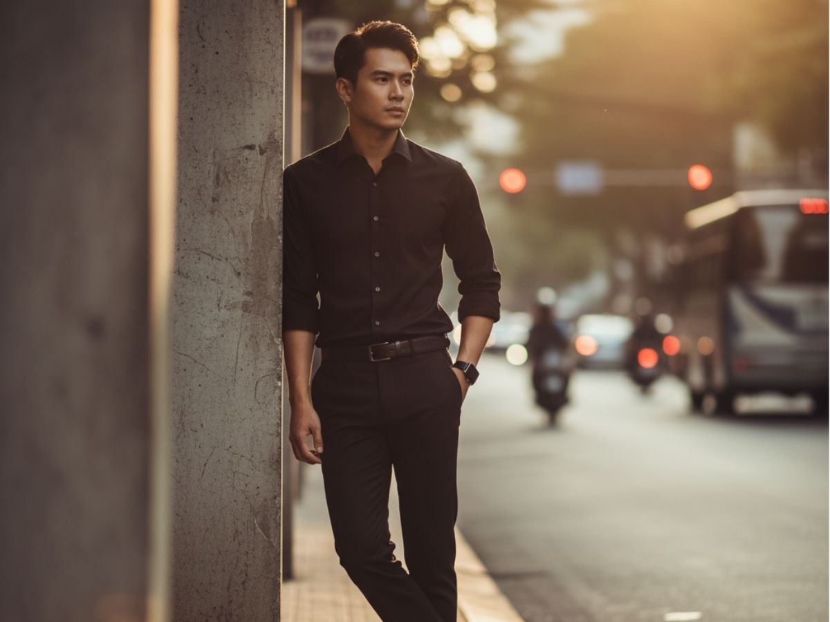 Oufit all-black nam tính với sơ mi đen