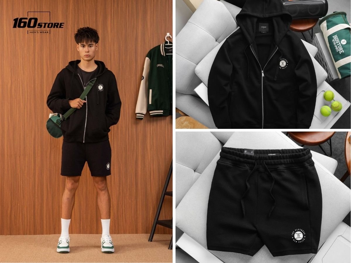 Outfit all-black với hoodie zip và quần short thun dày