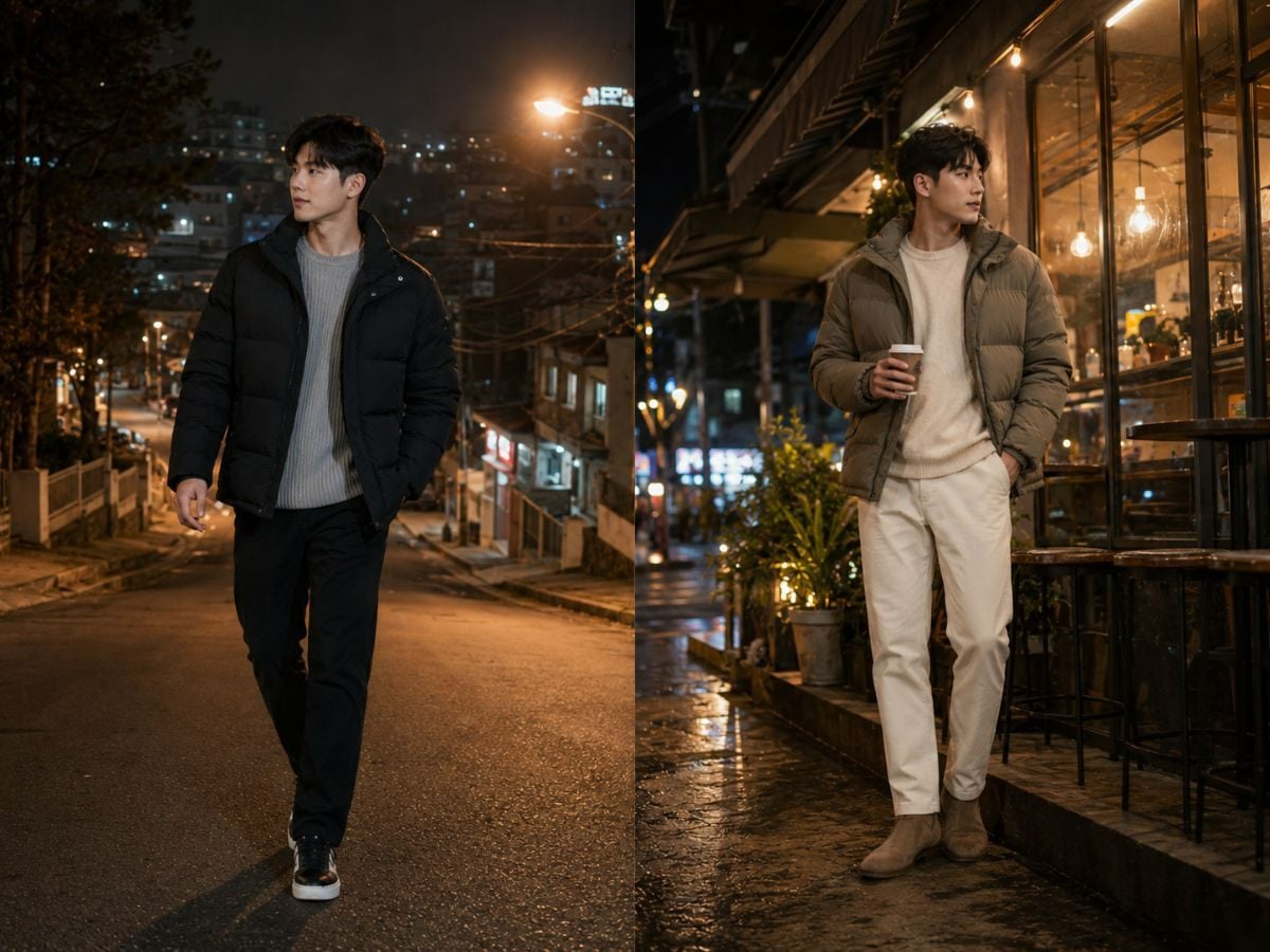 Outfit đi chơi đêm Đà Lạt với áo phao mỏng và áo len