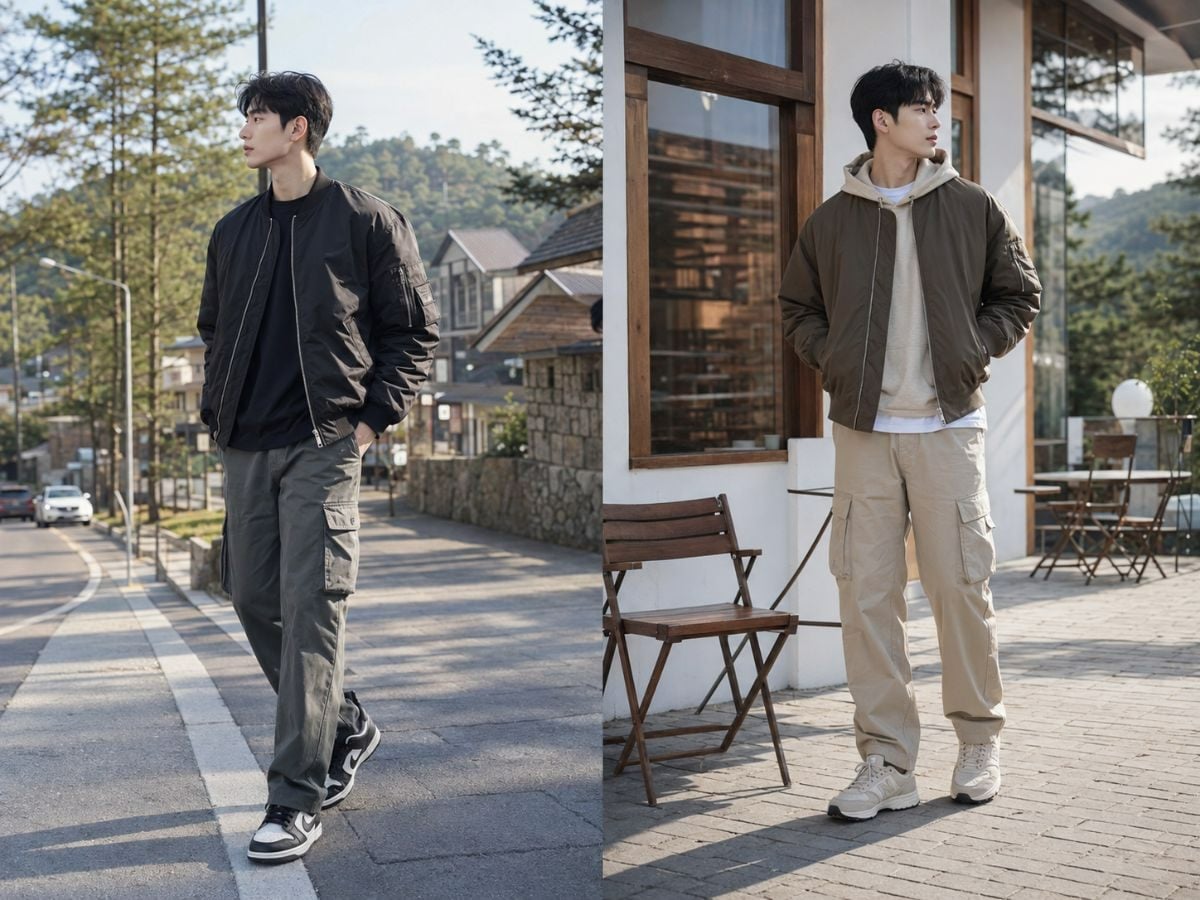 Outfit đi Đà Lạt phong cách streetwear với bomber và quần cargo