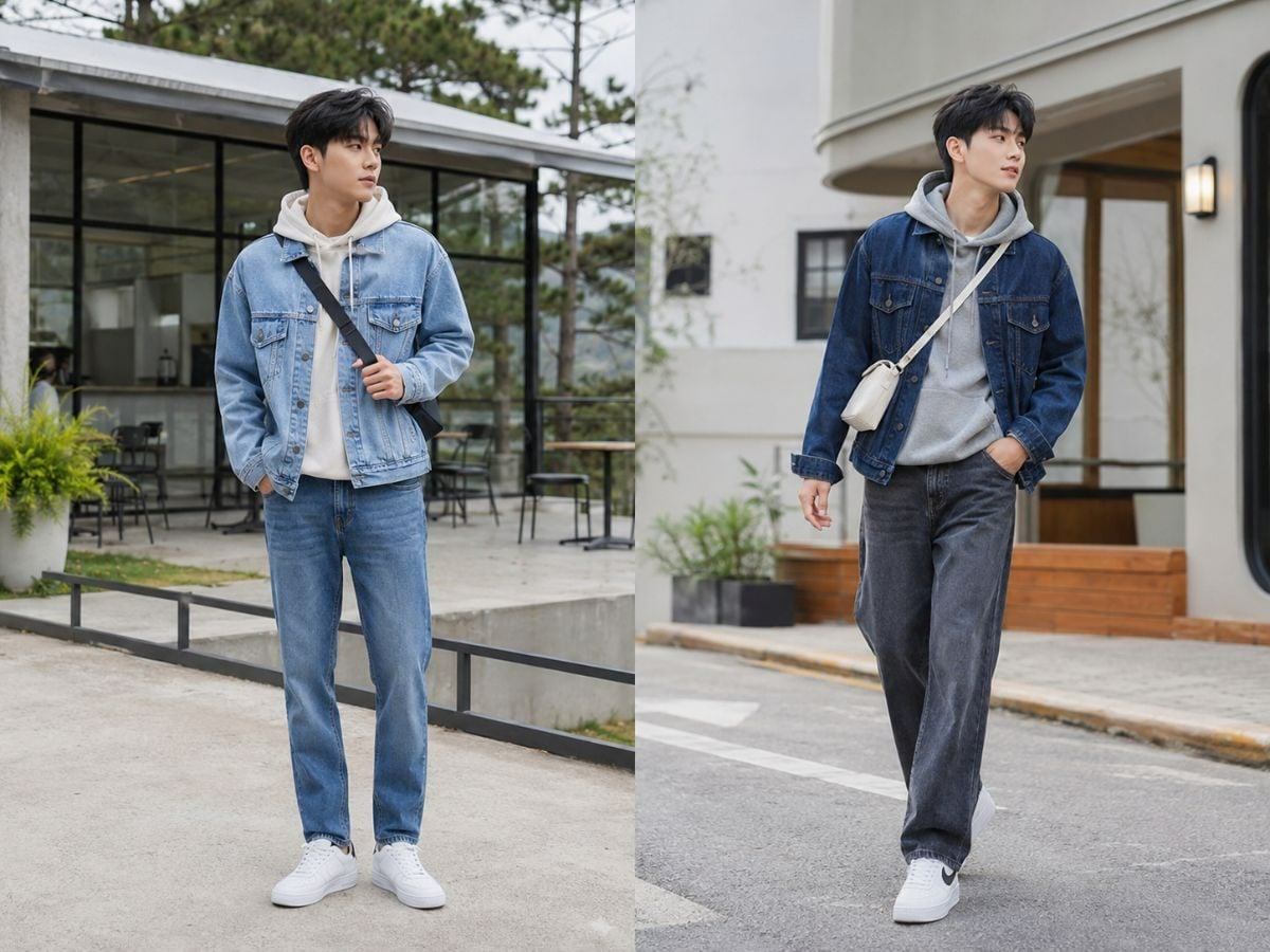 Outfit đi Đà Lạt với áo khoác denim, hoodie và quần jeans