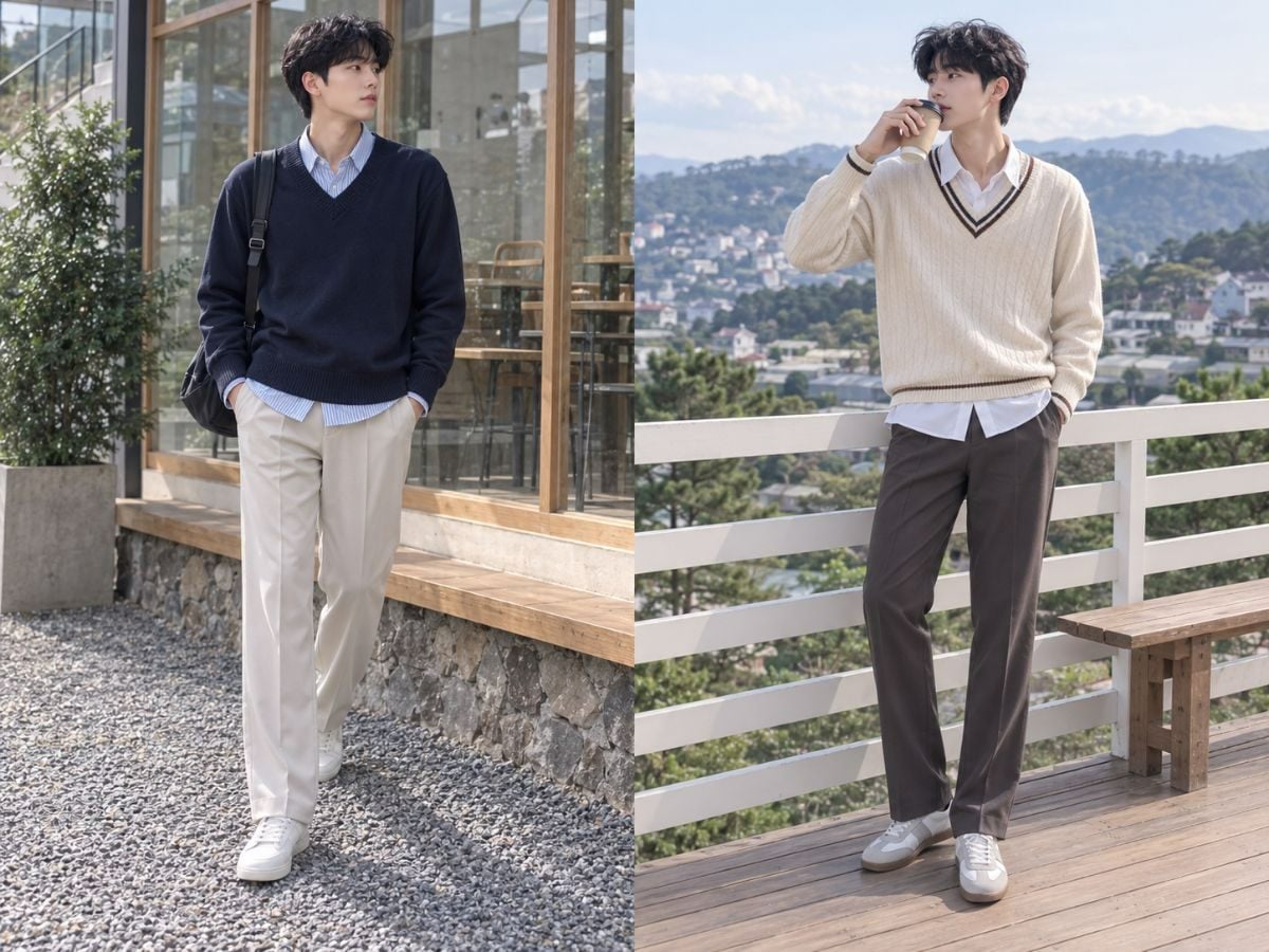 Outfit đi Đà Lạt với sweater cổ tim, sơ mi và quần âu