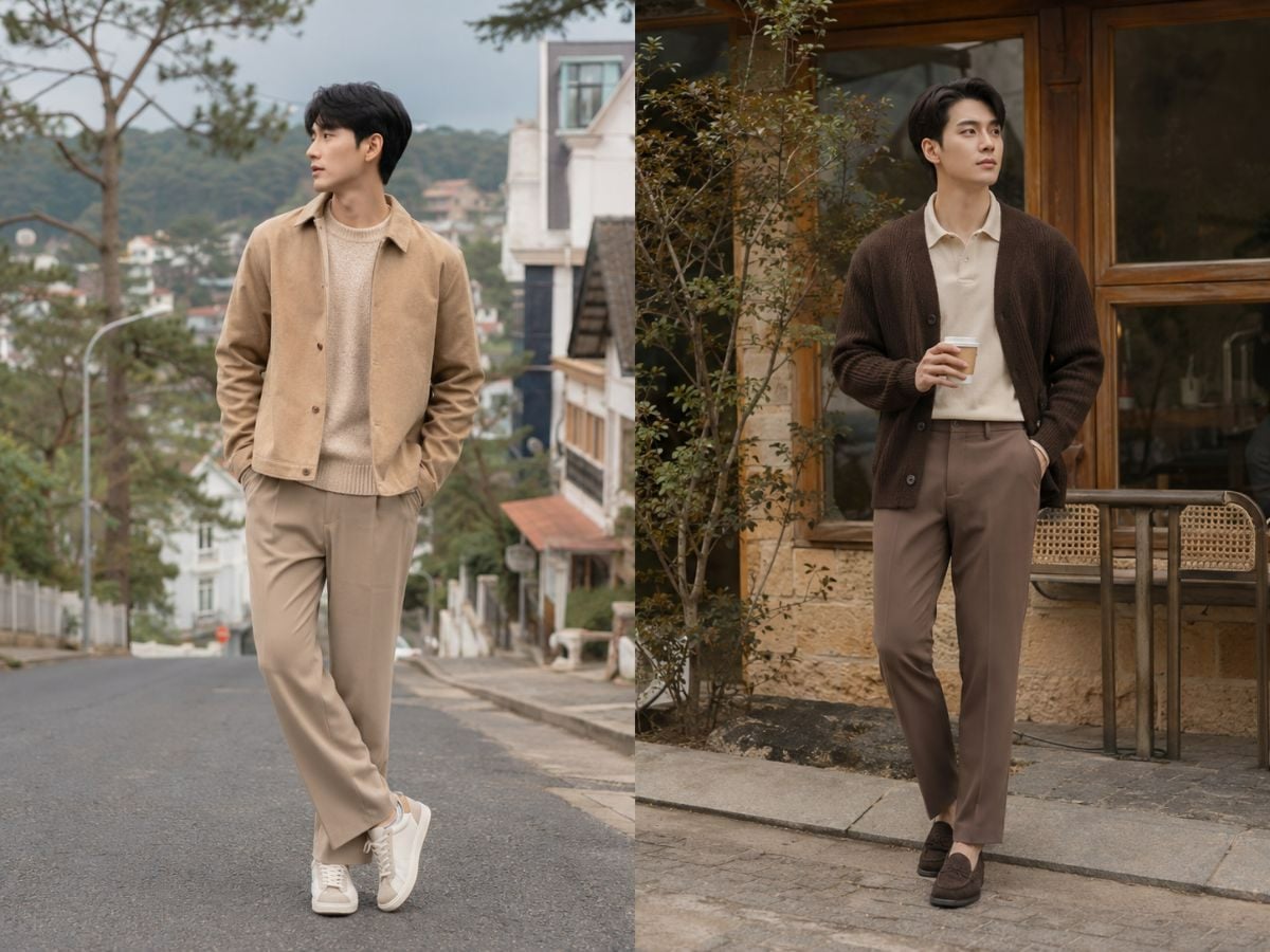 Outfit đi Đà Lạt phối tone sur tone gam nâu và be