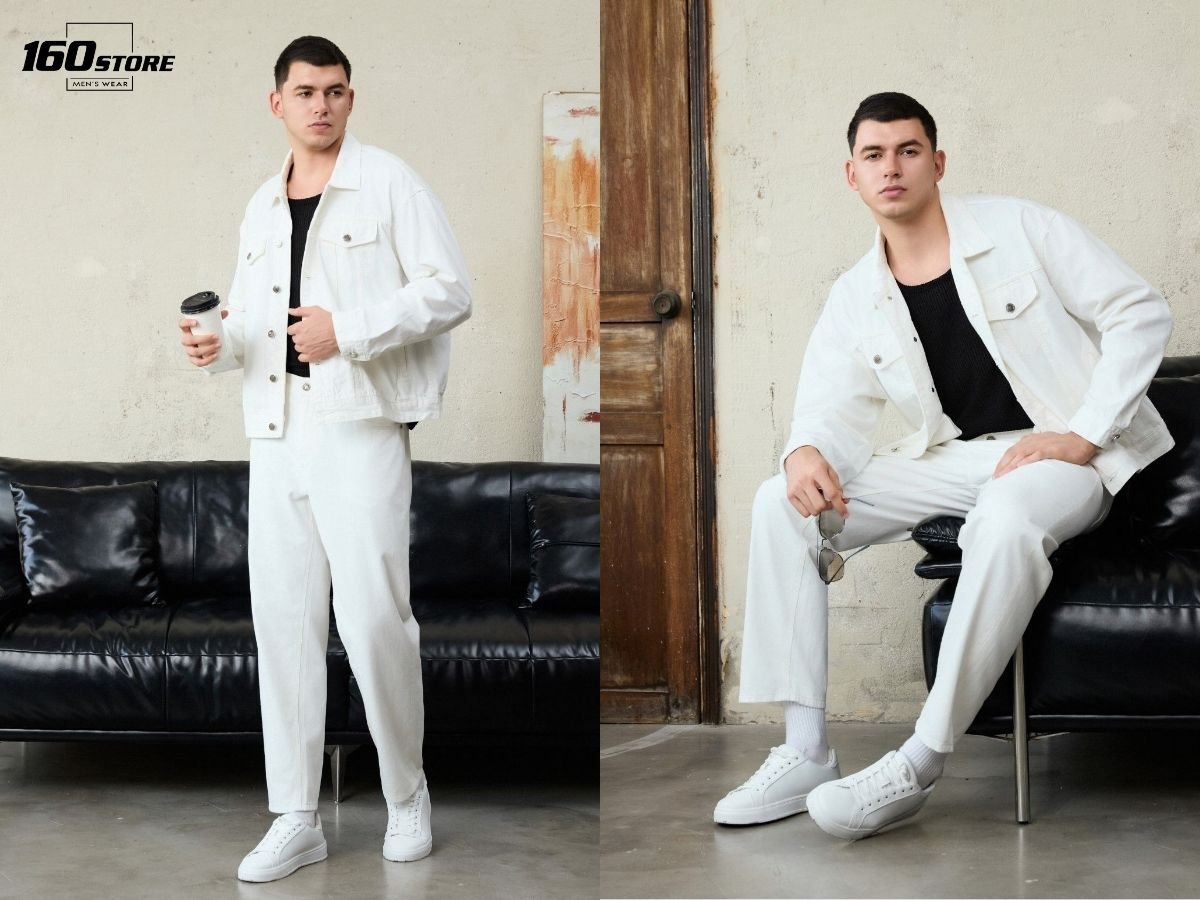 Phối áo khoác jeans và quần jeans trắng