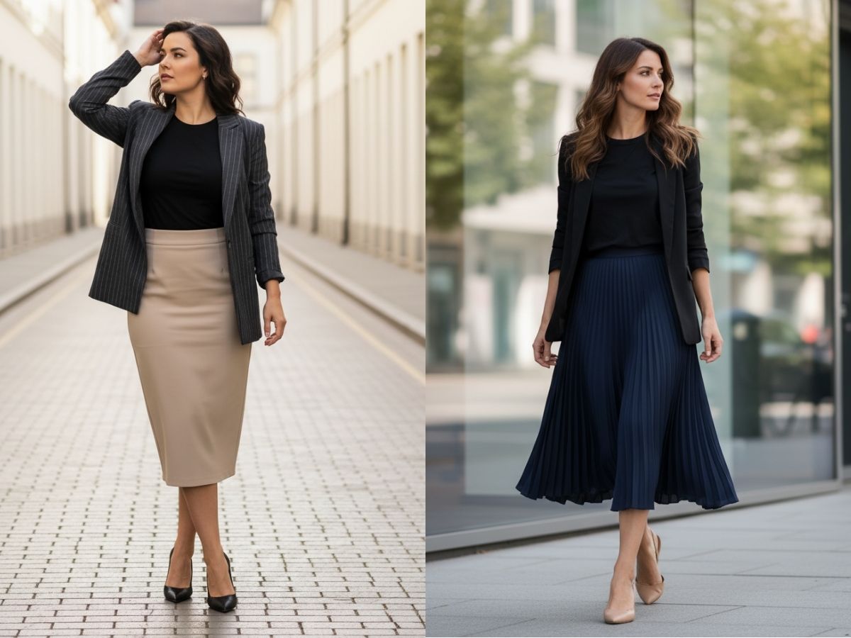 Phối đồ nữ áo với áo thun đen, blazer và chân váy midi